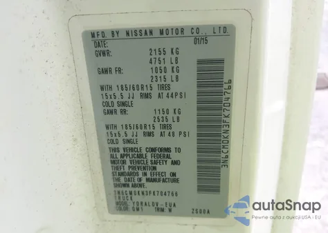 2015 Nissan Nv200 S from USA, damaged, VIN 3N6CM0KN3FK704766